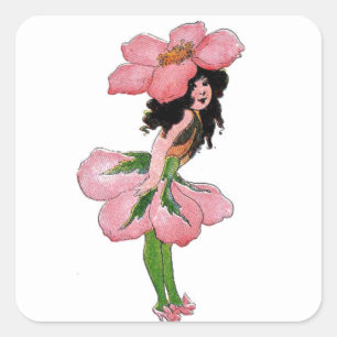Adesivo Quadrado Garota Vintage de Criança Flórida Selvagem Rosa