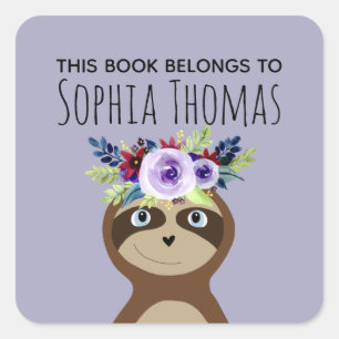 Adesivo Quadrado Garotas "Este Livro Pertence" Sloth Name Bookplate