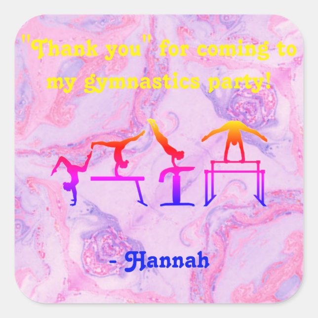 Adesivo Quadrado Garotas "Obrigado" Gymnastics Party Stickers (Frente)