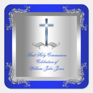 Adesivo Quadrado Garoto Primeira Comunhão Prateado Real Azul 2T