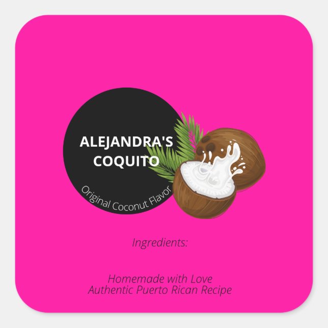 Adesivo Quadrado Garrafa de Coquito de Coco Rosa Neon Brilhante Ous (Frente)