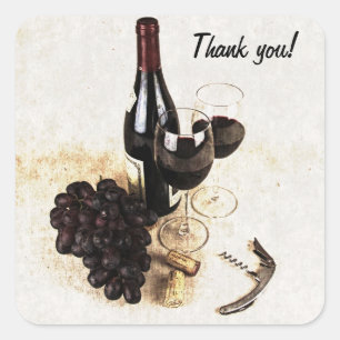 Adesivo Quadrado Garrafas de vinho, uvas e rolhas
