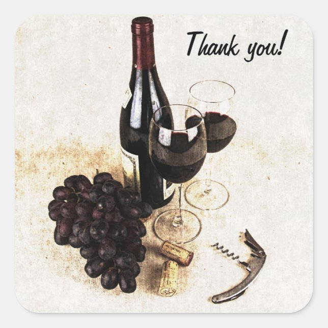 Adesivo Quadrado Garrafas de vinho, uvas e rolhas (Frente)