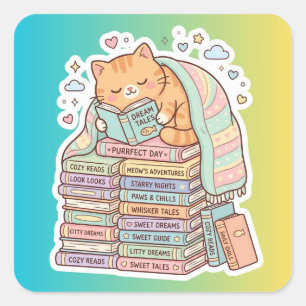 Adesivo Quadrado Gata Bibliófila Confortável Leitura Gata