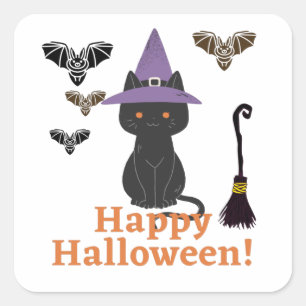 Adesivo Quadrado Gata Bruxa com Morcegos Feliz Halloween!