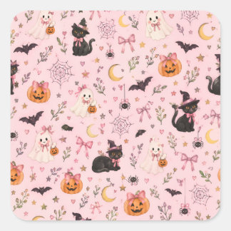 Adesivo Quadrado Gata Preta de Halloween Rosa Coquete Abóbora