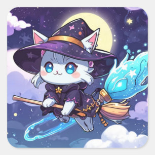 Adesivo Quadrado Gatinha Bruxa Chibi Voando no Céu Estrelado – Kawa