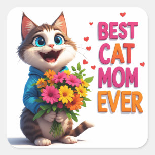 Adesivo Quadrado Gatinha Mãe Adorável com Corações de Flor 🐱