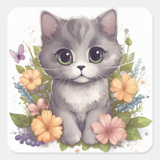 Adesivo Quadrado Gatinho bonita com flores Chibi Kawaii (Frente)