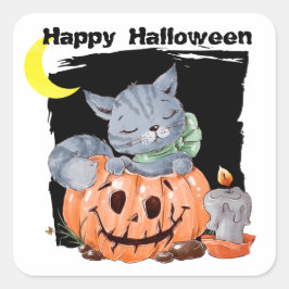 Adesivo Quadrado Gatinho bonito Jack o'Lanterna Kids Halloween