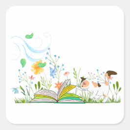 Adesivo Quadrado Gatinho bonito lendo um livro.