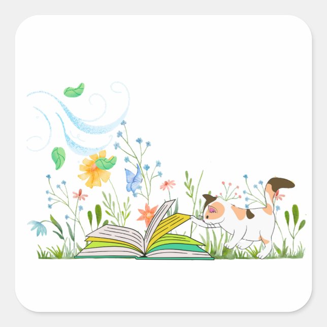 Adesivo Quadrado Gatinho bonito lendo um livro. (Frente)