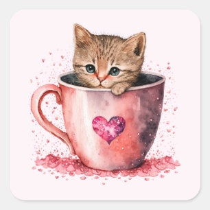 Adesivo Quadrado Gatinho Bonito num Teacup com Corações