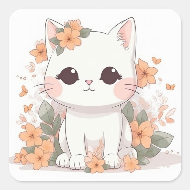 Adesivo Quadrado Gatinho bonito Sticker Kawaii Chibi (Frente)