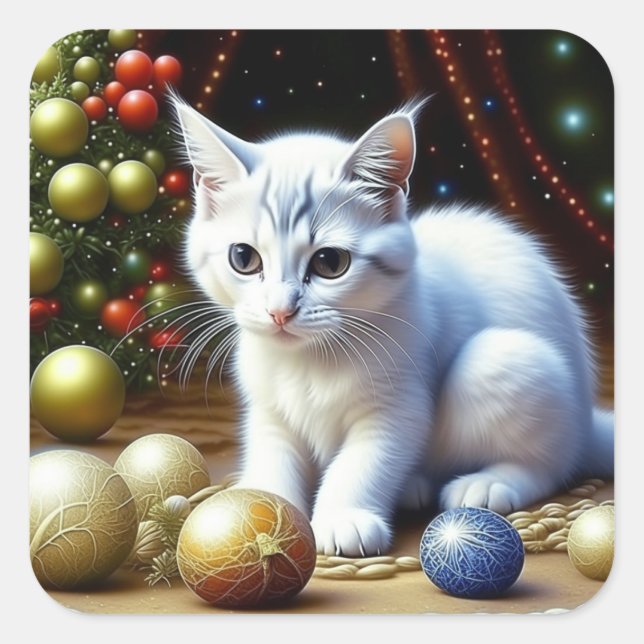 Adesivo Quadrado Gatinho Branco brincando com Enfeites de natal Dou (Frente)
