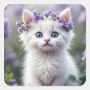 Adesivo Quadrado Gatinho Branco Com Lilac Laurel