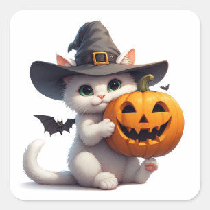 Adesivo Quadrado Gatinho Branco de Halloween Abóbora Jack O Lantern