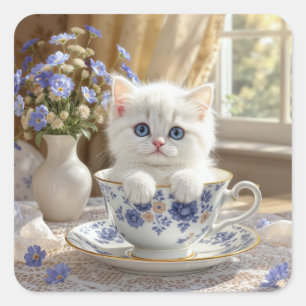 Adesivo Quadrado Gatinho Branco em um Teacup