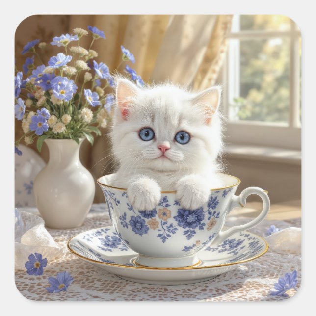 Adesivo Quadrado Gatinho Branco em um Teacup (Frente)