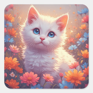 Adesivo Quadrado Gatinho Branco Fofo Com Flores 💖