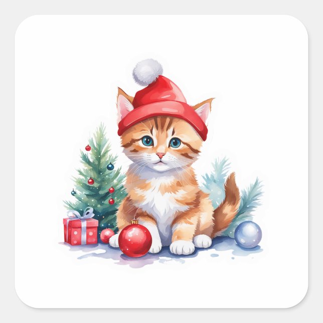 Adesivo Quadrado 🎅 Gatinho de Natal bonito com Papai Noel e Presen (Frente)