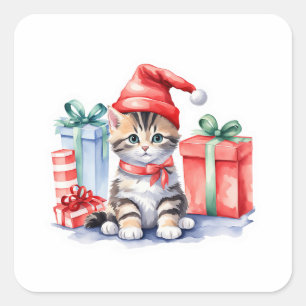Adesivo Quadrado 🎄 Gatinho de Natal bonito com pilas de presentes