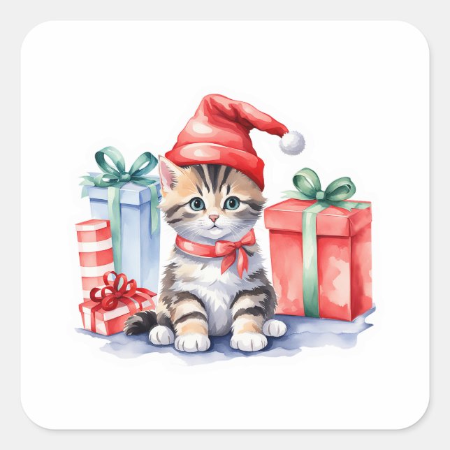 Adesivo Quadrado 🎄 Gatinho de Natal bonito com pilas de presentes (Frente)