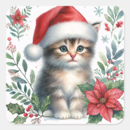 Adesivo Quadrado Gatinho de Natal com Chapéu de Papai Noel