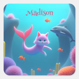 Adesivo Quadrado Gatinho de Sereia Cor-de-rosa-branca