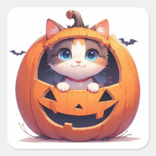 Adesivo Quadrado Gatinho Dentro da Abóbora de Halloween 🎃