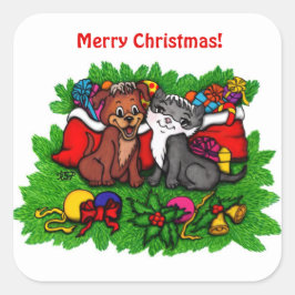 Adesivo Quadrado Gatinho e puppy, XMas feliz