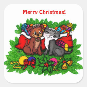 Adesivo Quadrado Gatinho e puppy, XMas feliz