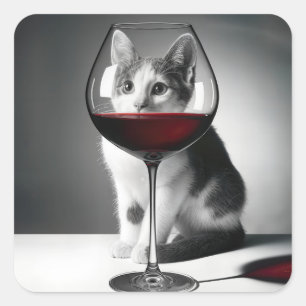 Adesivo Quadrado Gatinho Espiando Através de um Copo de Vinho