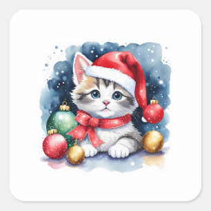 Adesivo Quadrado Gatinho festivo - presentes de Natal e gato