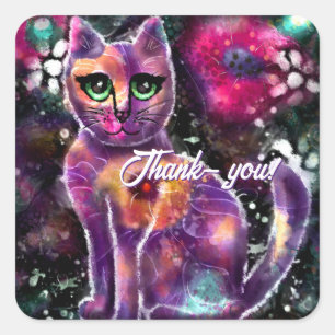Adesivo Quadrado Gatinho Floral Abstrato de Whimsso Gato Preto Rosa