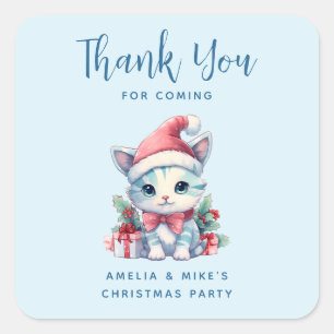Adesivo Quadrado Gatinho Fofo de Chapéu de Papai Noel Natal Obrigad
