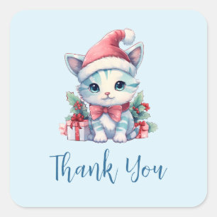 Adesivo Quadrado Gatinho Fofo de Chapéu de Papai Noel Natal Obrigad