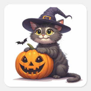 Adesivo Quadrado Gatinho Fofo de Halloween com Chapéu de Bruxa 🎃
