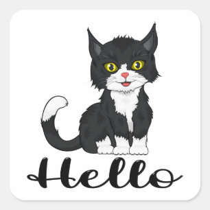 Adesivo Quadrado Gatinho Fofo Kitty Desenho Animado Gato Preto Olá 