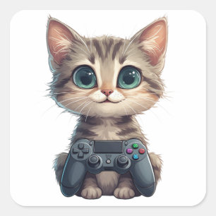 Adesivo Quadrado Gatinho Fofo Segurando Controle de Jogo Gamer Gato