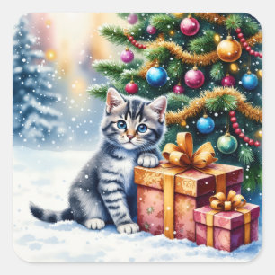 Adesivo Quadrado Gatinho Fofo Sob a Árvore de Natal