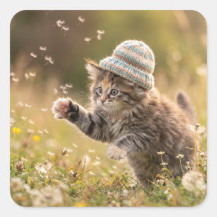 Adesivo Quadrado Gatinho Fofo Vestindo um Chapéu Brincando com Dent