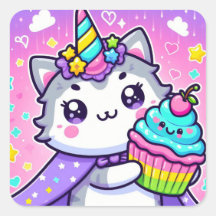 Gatinho Kawaii com cupcake de aniversário
