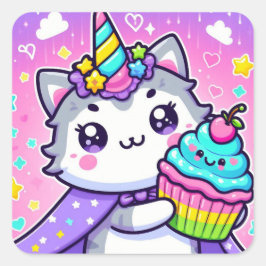 Adesivo Quadrado Gatinho Kawaii com cupcake de aniversário