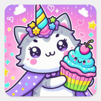 Adesivo Quadrado Gatinho Kawaii com cupcake de aniversário