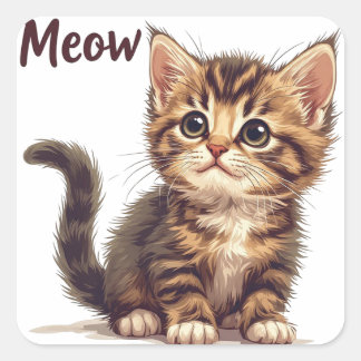 Adesivo Quadrado Gatinho Malhado Brincalhão Com Citação Meow Amante