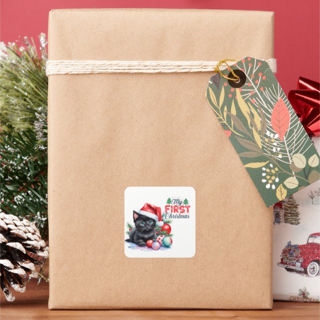 Adesivo Quadrado Gatinho Negro Em Santa Chapéu Feliz Natal (Feriado)