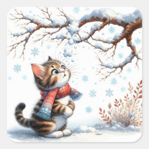 Adesivo Quadrado Gatinho Observando Neve Caindo do Galho