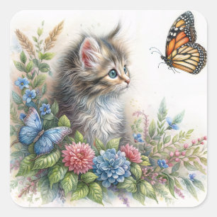 Adesivo Quadrado Gatinho Olhando Borboleta Laranja