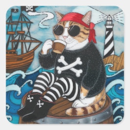 Adesivo Quadrado Gatinho pirata em felpudo de suéter preto com café